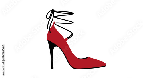Fashionable red high heel shoe with black lace-up straps