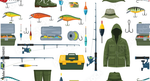 Fishing Gear and Angling Equipment Vector Set with Rods, Lures, Hooks, Tackle Boxes, Fisherman Jacket and Outdoor Fishing Tools