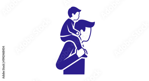 Father carrying child on shoulders simple blue illustration.