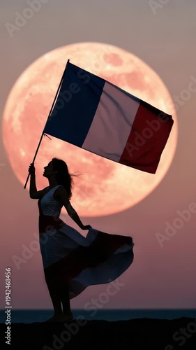Symbolic silhouette of young woman holding French flag against giant full moon for national holiday