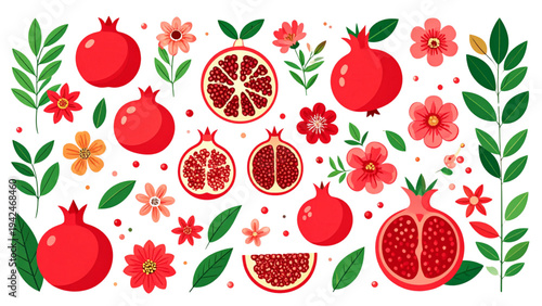 Pomegranate Fruit and Blossoms – Flat Vector Collection