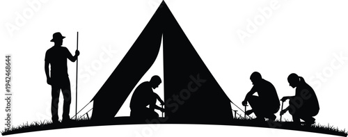 Camping tent setup silhouette with hikers pitching shelter outdoor adventure scene isolated black vector illustration camping activity concept