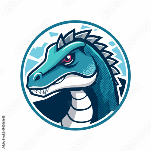 Fierce raptor dinosaur head inside modern logo badge