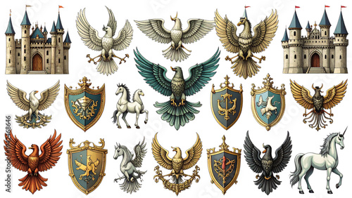 Royal Heraldic Emblems – Winged Castles, Eagles, Unicorns, and Banners