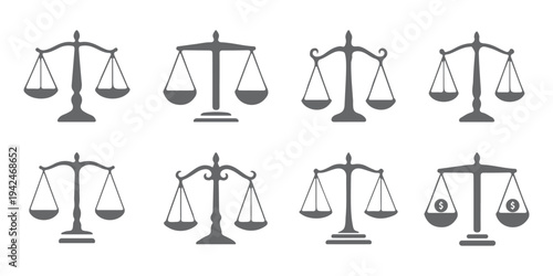 Scales of justice silhouette icon set, black balance symbols collection for law and court themes, classic legal vector illustration isolated. Simple black and white balance scales. Weight scales 