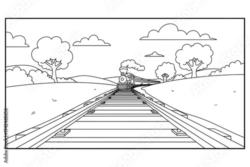 Long Road Landscape Coloring Page – Countryside Road with Trees Printable Line Art for Kids and Adults