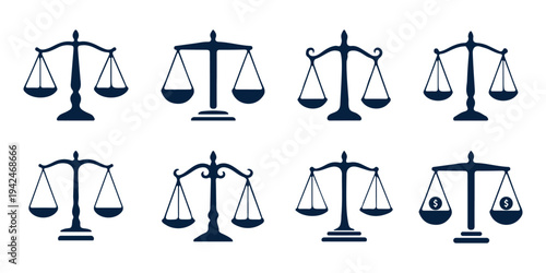 Scales of justice silhouette icon set, black balance symbols collection for law and court themes, classic legal vector illustration isolated. Simple black and white balance scales. Weight scales 