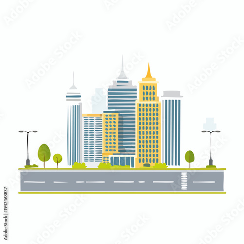 Flat design cityscape with buildings, road, trees, and streetlights