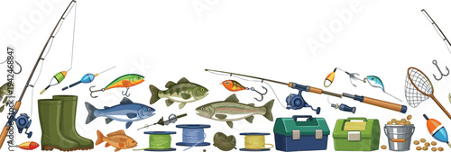 Fishing Equipment and Freshwater Fish Vector Set with Rods, Lures, Tackle Box, Boots, Net and Angling Gear Illustration