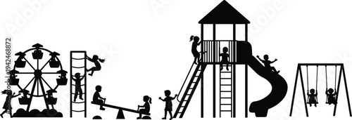 Children playing playground silhouettes with slide swing ferris wheel and seesaw kids activity isolated black vector illustration set