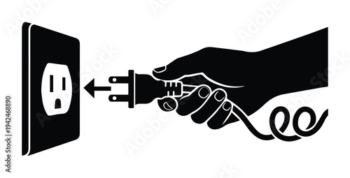 Hand inserting a plug into an electrical outlet visual power connection Icon Silhouette vector black design on a white background