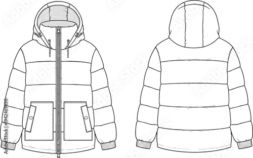 Puffer Jacket Technical Fashion Illustration Featuring Front and Back Views with Hood Full Zip Closure Side Pockets and Quilted Panels for Winter Apparel Design