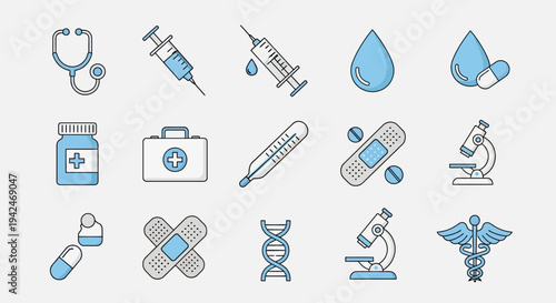 Flat design medical health care blue line icons set