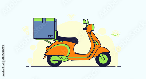 Flat design orange delivery scooter with blue box