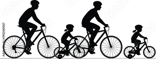 Family cycling silhouettes parents and children riding bicycles side view isolated black vector illustration outdoor activity healthy lifestyle