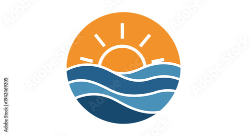 Flat design sun and ocean waves circular logo icon