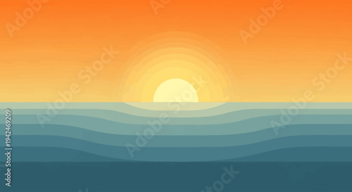 Flat design sunrise or sunset over ocean horizon