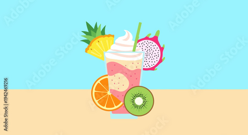 Flat design tropical fruit smoothie with summer beach background