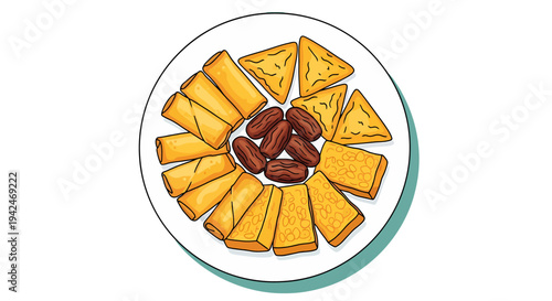A delightful and diverse platter featuring golden-fried traditional appetizers alongside sweet, wholesome dates, perfect for festive gatherings and Iftar meals