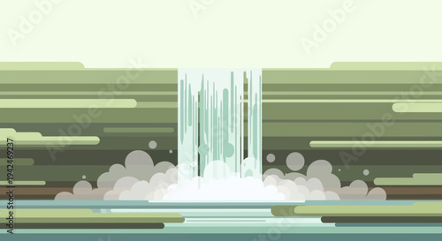 Flat design waterfall in a lush green natural landscape