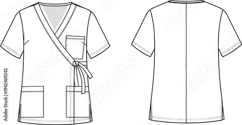 Women medical wrap scrub top technical sketch with side tie closure pockets front and back views garment flat sketch for healthcare uniform design.