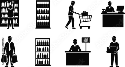 Retail Store Shopping Icons Set Featuring Customers and Workers Stocking Shelves, Pushing Carts, Standing at Cash Register, Help Desk, and Carrying Shopping Bags
