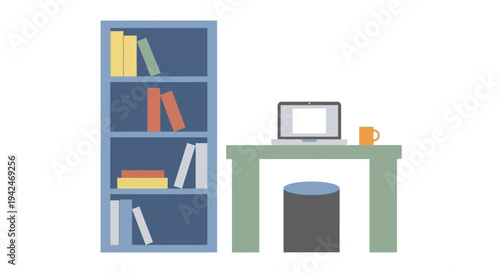 Flat design workspace with laptop, desk, and bookshelf
