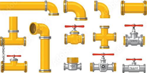 Industrial Pipeline Pipes and Valves Vector Set with Yellow Metal Tubes, Connectors, and Shutoff Valves for Plumbing and Engineering Illustration