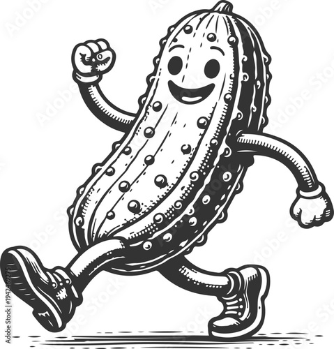 Running Pickle Mascot Vintage Engraving Food Character Vector Illustration