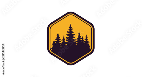 Forest pine trees silhouette in yellow hexagonal emblem