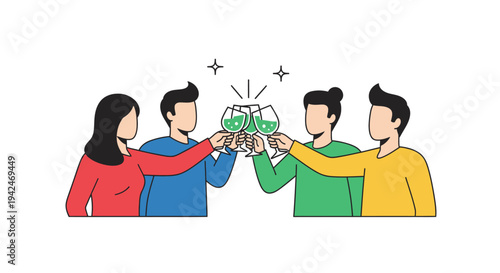 Four diverse friends toasting green drinks in celebration.