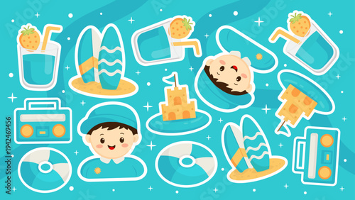 Cyan blue summer stickers featuring surfboard and music player