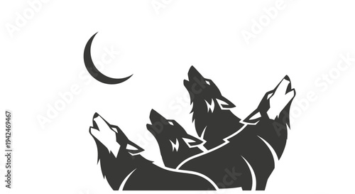Four wolves howling at crescent moon at night