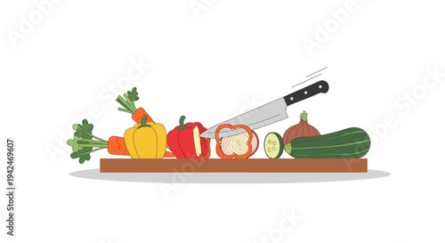 Fresh vegetables being chopped on a cutting board with a knife