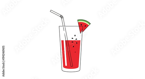 Fresh watermelon juice in glass with straw and fruit slice