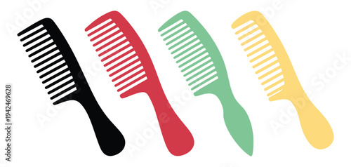 colorful plastic hair combs in black, red, green, and yellow. Daily grooming and hair care tools, personal hygiene concept, beauty accessories, editable stock vector design