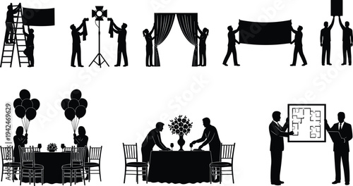 Black collection of event staff silhouettes with workers setting up banners curtains tables and balloons set isolated on white background for professional hospitality design