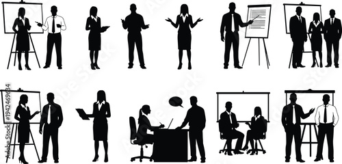 Black collection of business people silhouettes in office meetings and presentations set isolated on white background for corporate professional team work design vector
