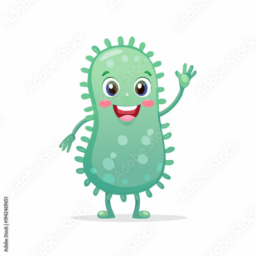 Friendly cartoon bacteria character waving hand on white background