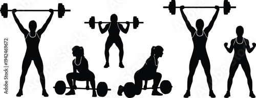 Female weightlifting athlete silhouettes barbell squat deadlift and overhead press poses isolated black vector illustration strength training fitness set