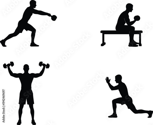 Fitness training athlete silhouettes lunges dumbbell press bench exercise and strength workout poses isolated black vector illustration set