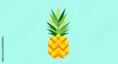 Geometric pineapple with green leaves on light blue background