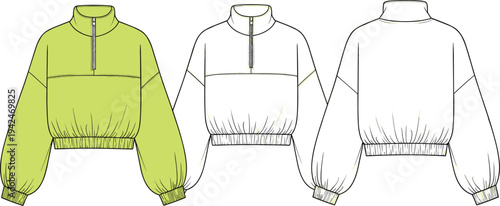 Lime green and white cropped quarter zip sweatshirt technical sketch with long balloon sleeves front and back view set isolated for apparel design