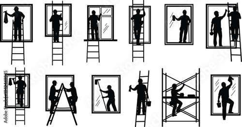 Black collection of window cleaner silhouettes with ladders and squeegees set isolated on white background for professional service maintenance and cleaning vector illustration