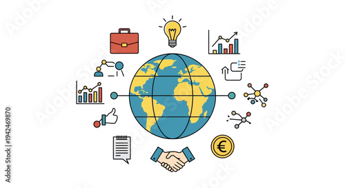 Global business network with collaboration, finance, idea icons