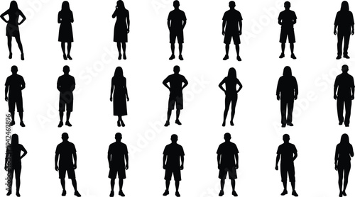 Black collection of university student silhouettes with backpacks walking and standing set isolated on white background for college campus lifestyle design vector illustration