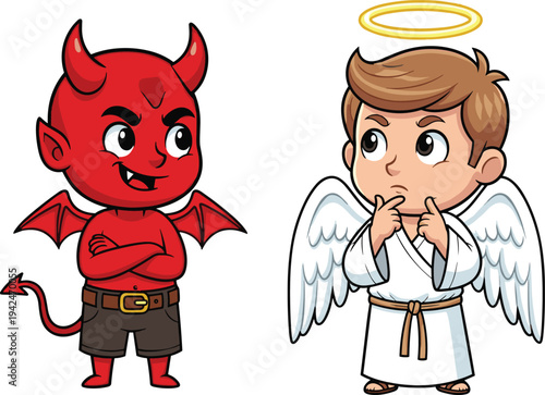 Cute cartoon devil and angel characters set with red demon and winged boy isolated on white background for heaven and hell vector illustration