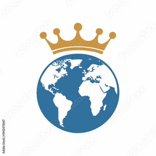Golden crown on blue world globe flat icon design
