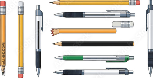 Pencil and Ballpoint Pen Vector Set with School and Office Writing Tools Stationery Illustration