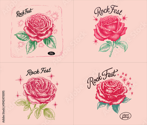 vintage rock fest blooming red rose flower celestial sparkles aesthetic grunge streetwear graphic t shirt design vector illustration artwork
